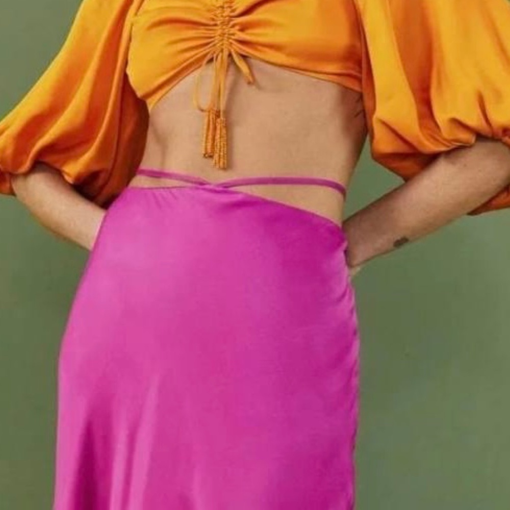 FARM Rio Satin Midi Skirt with Tassel Waist Tie - Picture 2 of 13